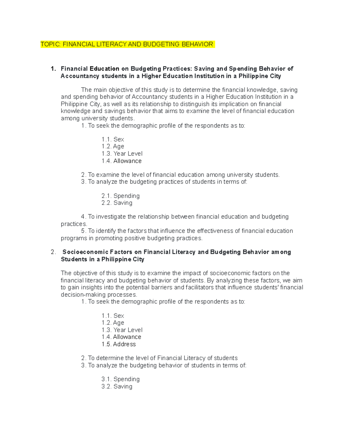 Research titles - TOPIC: FINANCIAL LITERACY AND BUDGETING BEHAVIOR 1 ...
