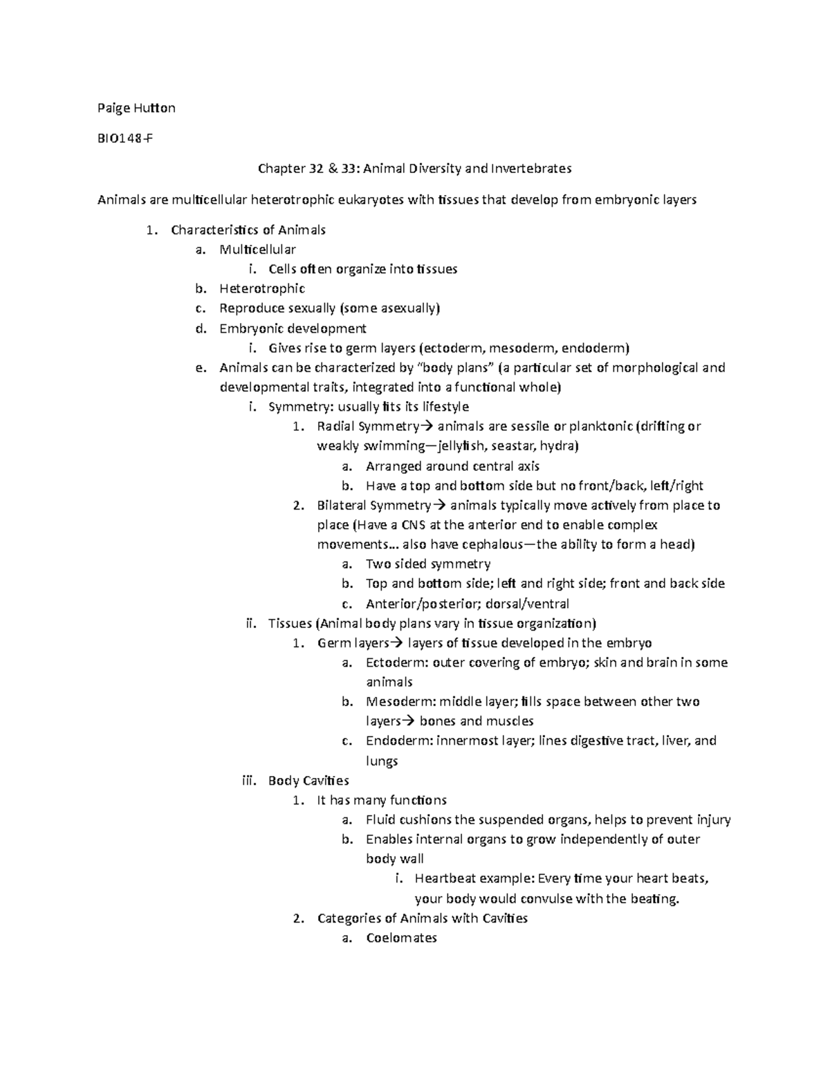 BIO148 Chapters 32 And 33 Notes - Paige Hutton BIO148-F Chapter 32 & 33 ...