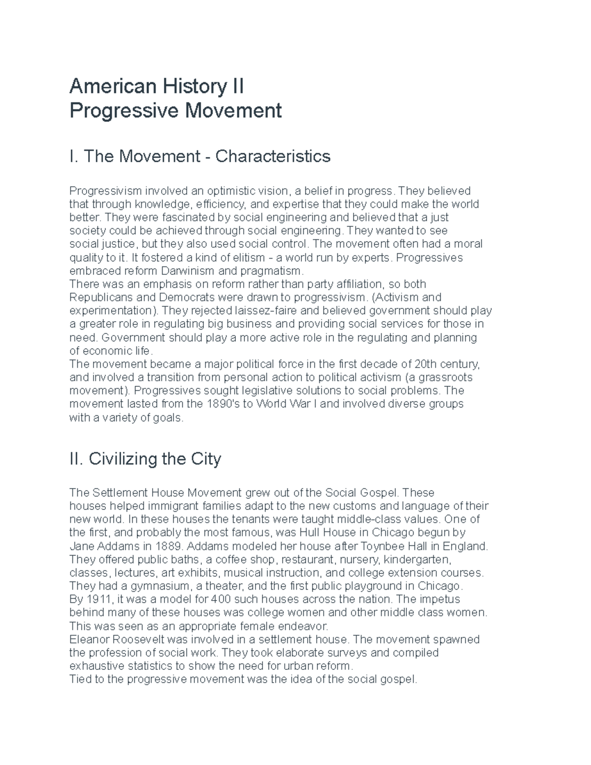 Progressive Movement lecture notes - American History II Progressive ...