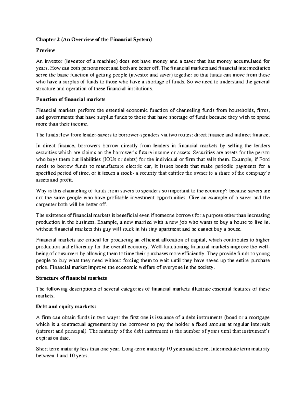 Chapter 2 - Lecture notes 2 - Chapter 2 (An Overview of the Financial ...