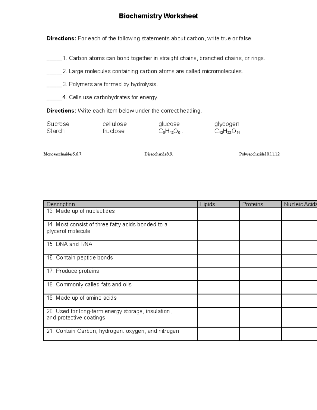 Biochemistry Worksheet Biochemistry Worksheet Directions For Each Of The Following Statements 