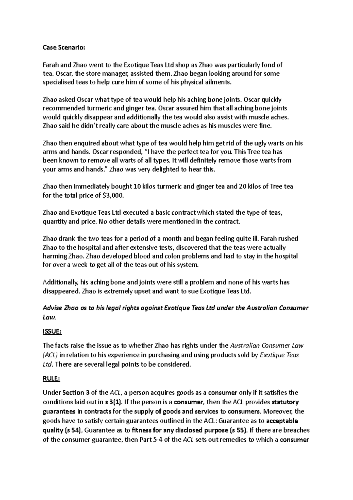 ACL Sample Response - Case Scenario: Farah and Zhao went to the ...