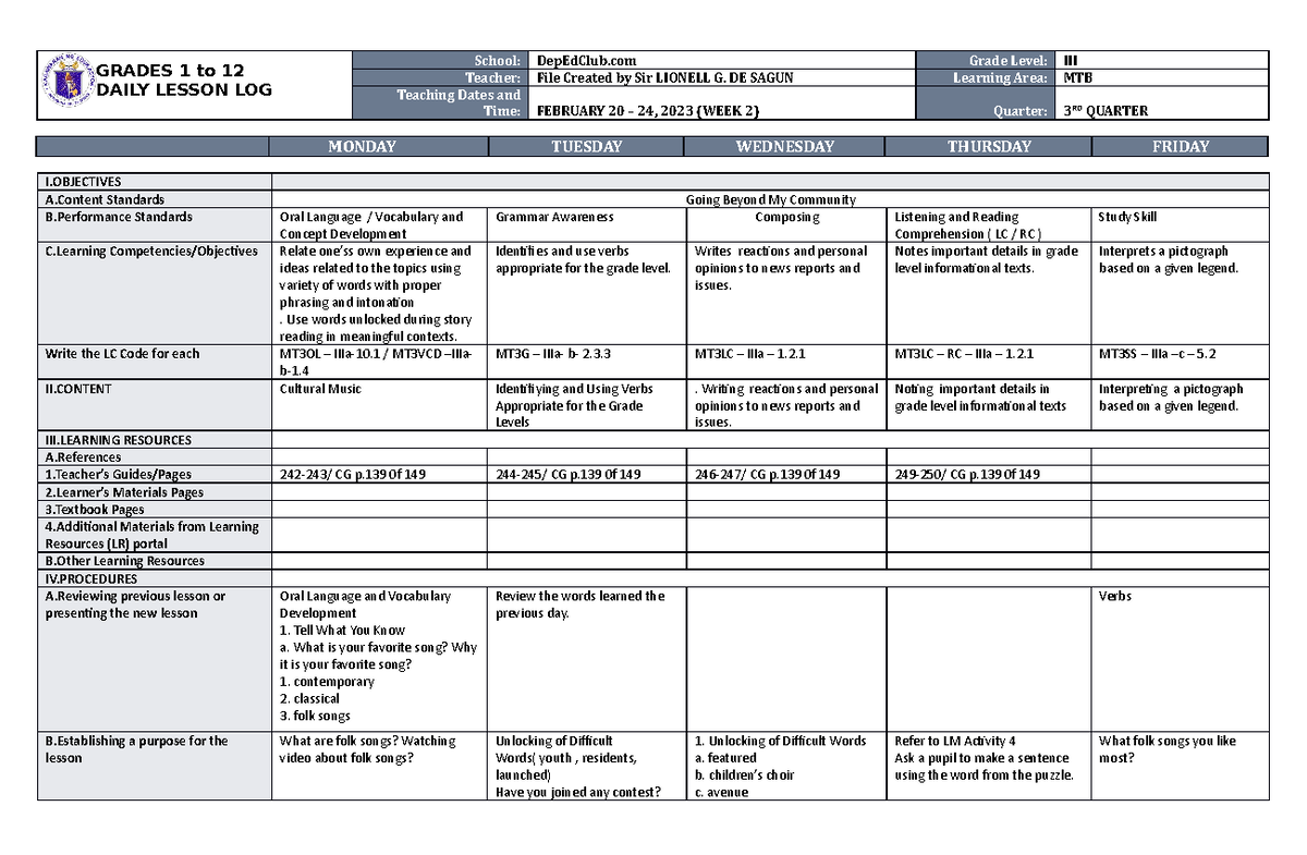 DLL MTB 3 Q3 W2 - DLL - GRADES 1 to 12 DAILY LESSON LOG School ...