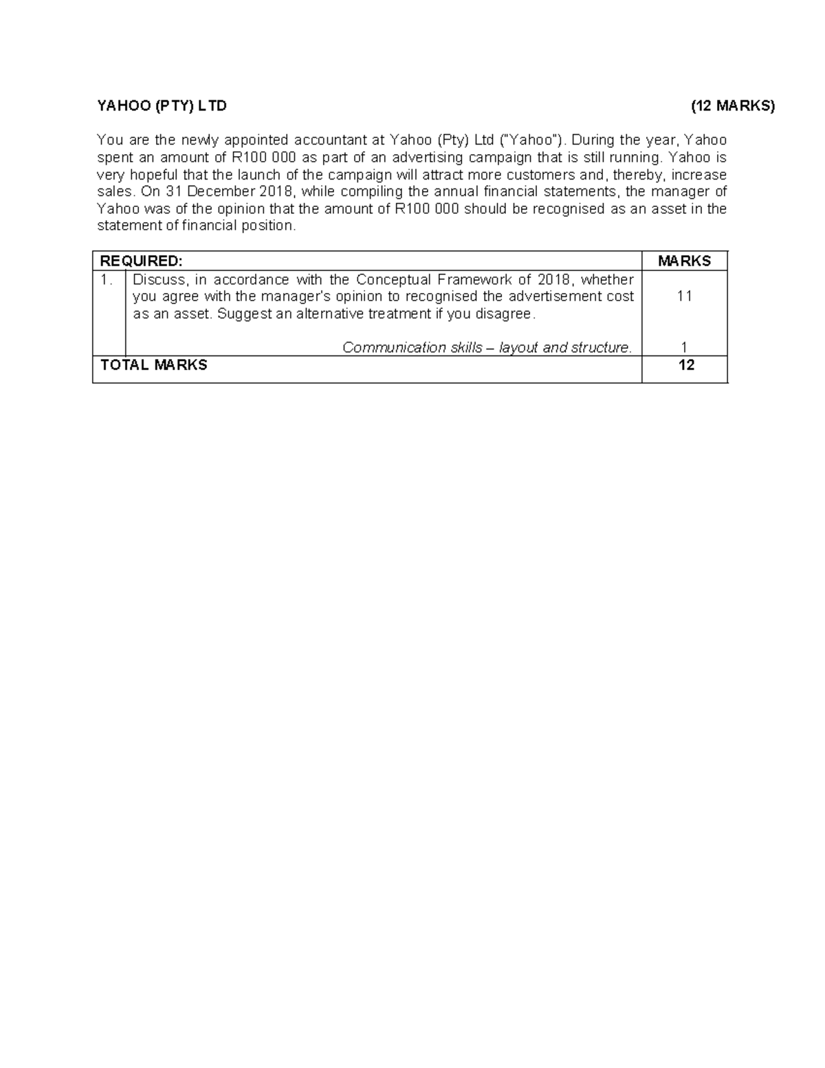 6. Yahoo Pty Ltd Question - YAHOO (PTY) LTD (12 MARKS) You are the ...