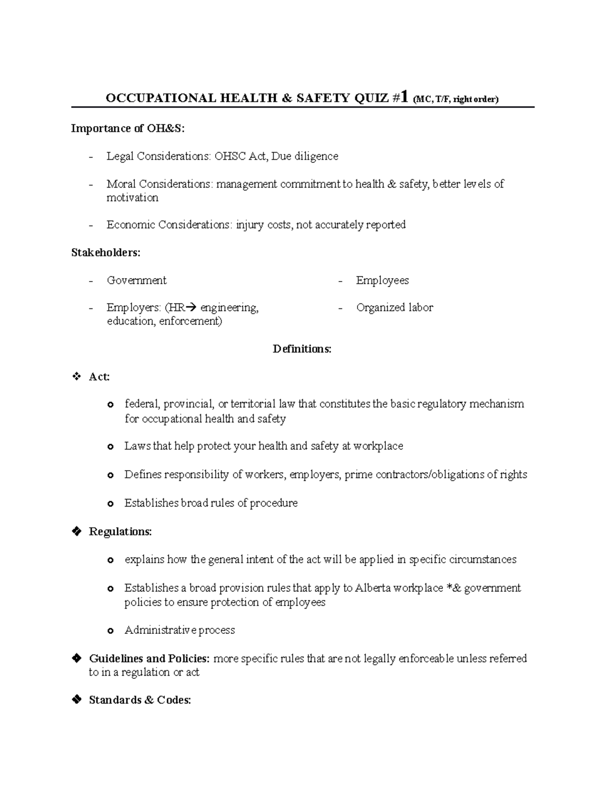 Occupational Health quiz 1 OCCUPATIONAL HEALTH & SAFETY QUIZ 1 (MC