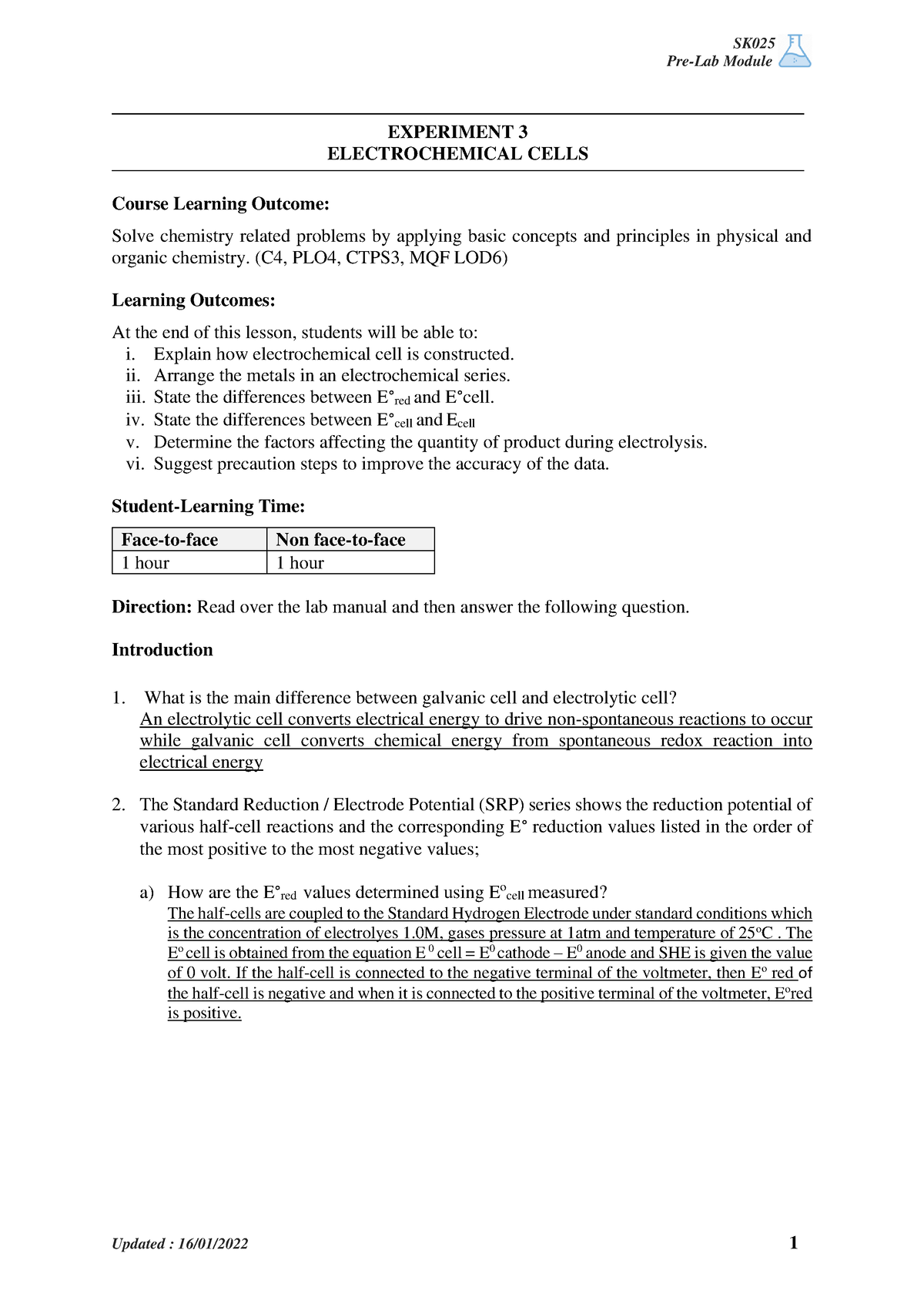 EXP 3 Electrochemical CELL PRE-LAB - Pre-Lab Module EXPERIMENT 3 ...