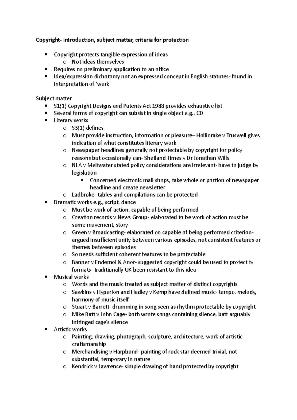 Lecture 5 Notes - Copyright- introduction, subject matter, criteria for ...
