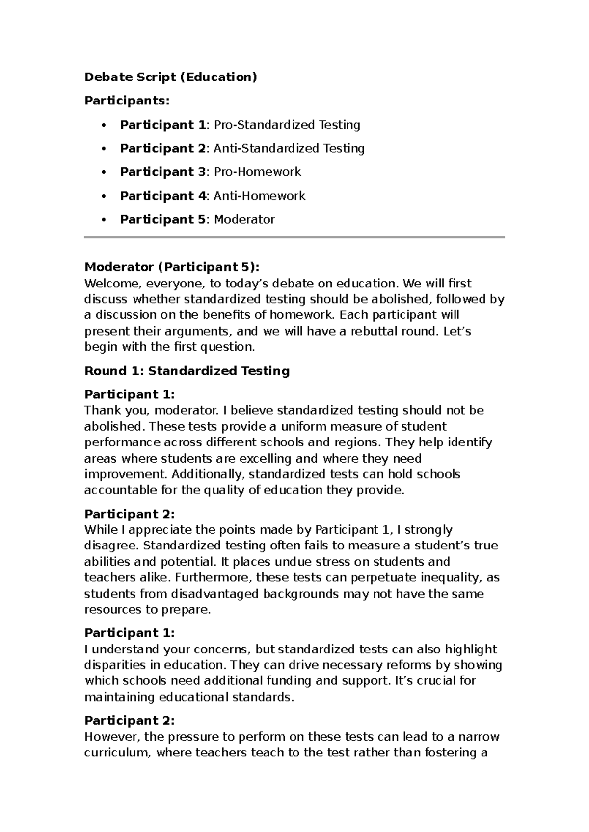 Debate Script - Xddhshahahs - Debate Script (Education) Participants ...