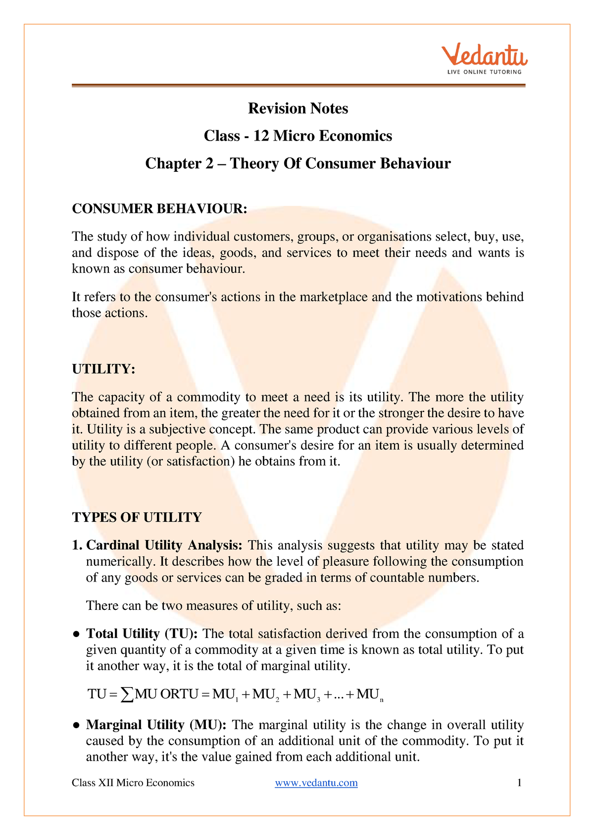 Economics Revision Notes - Revision Notes Class 12 Micro Economics ...