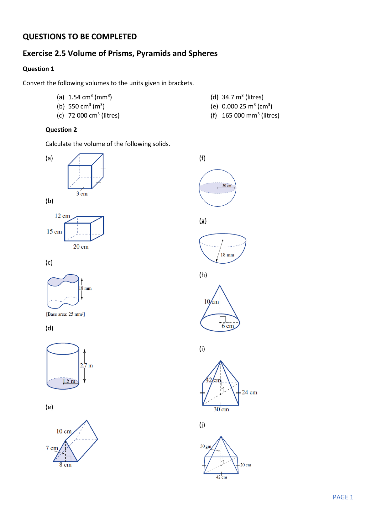 Topic 2 Geometry 2.5 Volume Questions - QUESTIONS TO BE COMPLETED ...