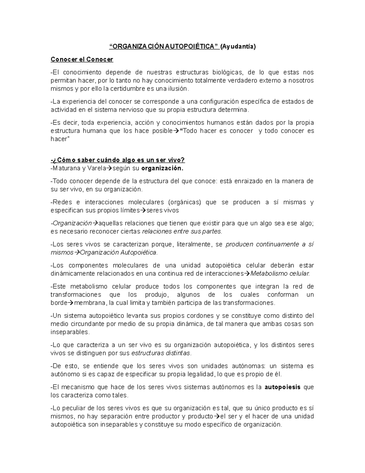 OrganizaciÓn AutopoiÉtica - “organizaciÓn AutopoiÉtica” (ayudantía 