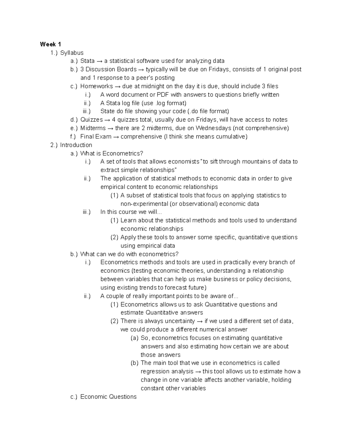 Econometrics I (2311Q) Lecture Notes - Week 1 1.) Syllabus a.) Stata → ...
