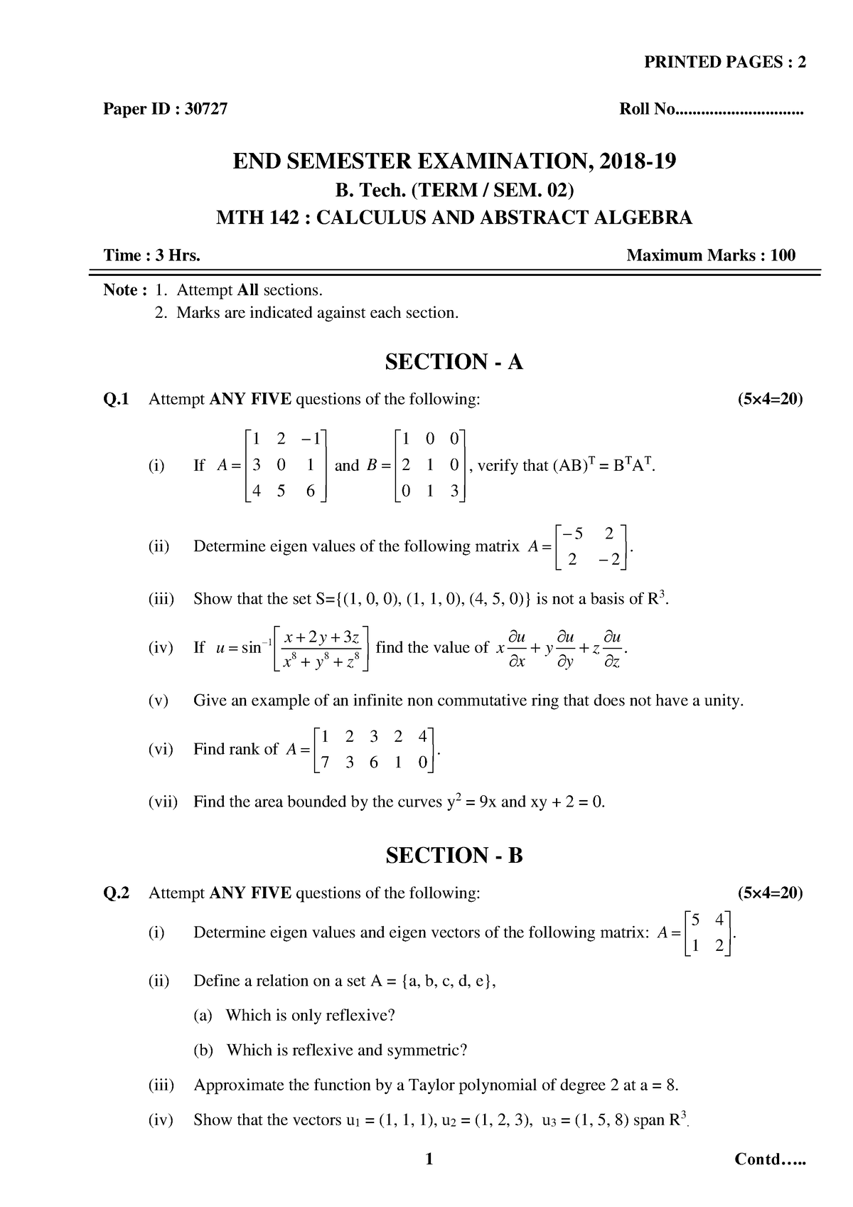 Calculus And Abstract Algebra (mth 142 ) B. Tech. (term - Sem. 02 