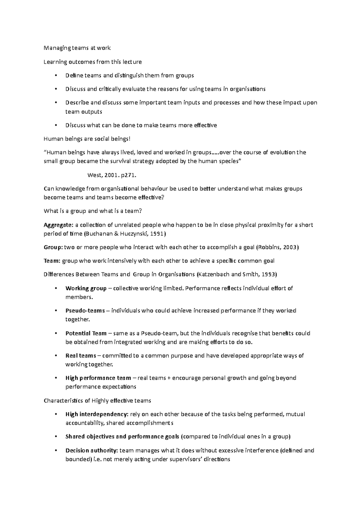 Managing teams at work - Managing teams at work Learning outcomes from ...