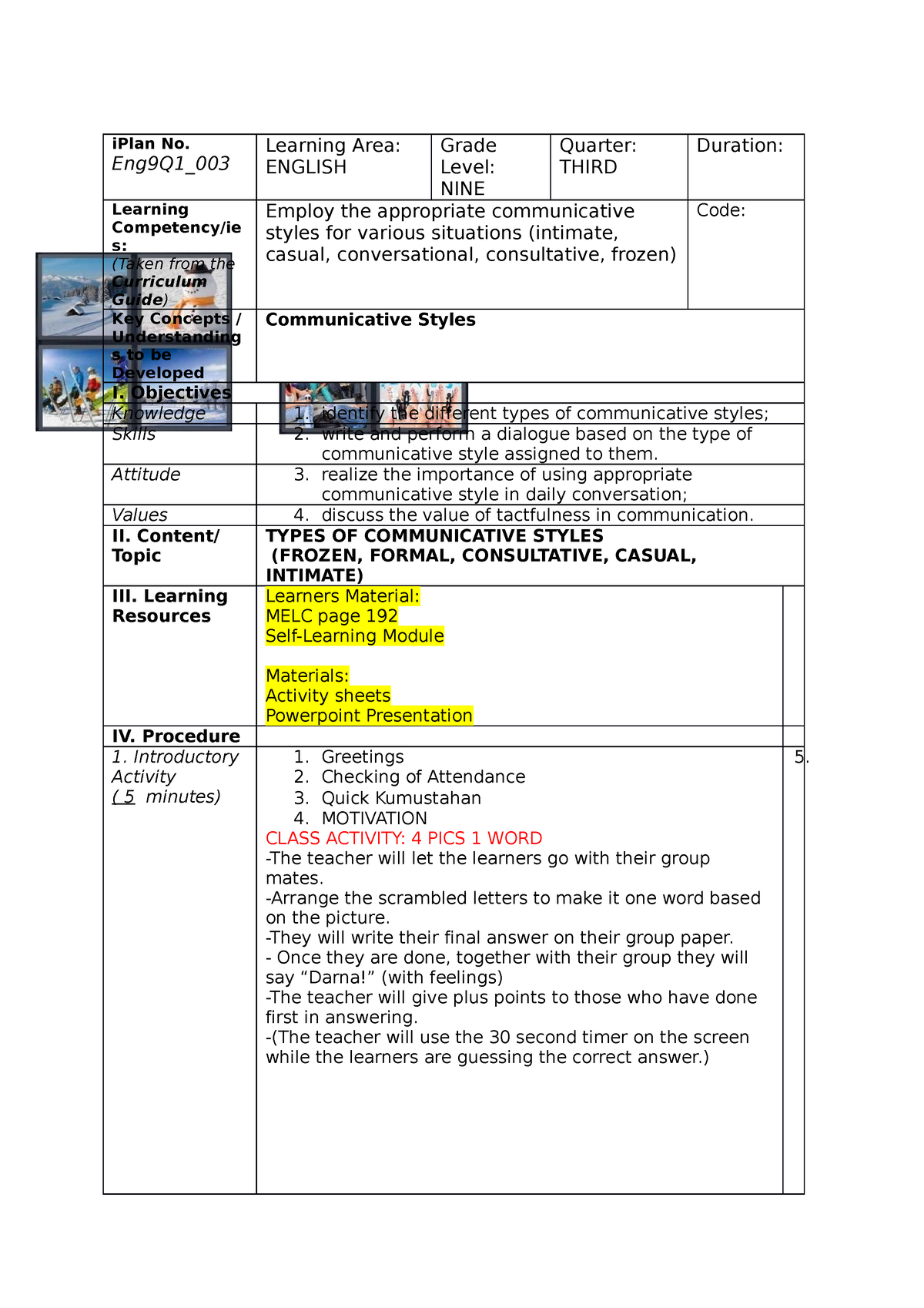 COT1-DLP - Sample Lesson Plan - IPlan No. Eng9Q1_ Learning Area ...