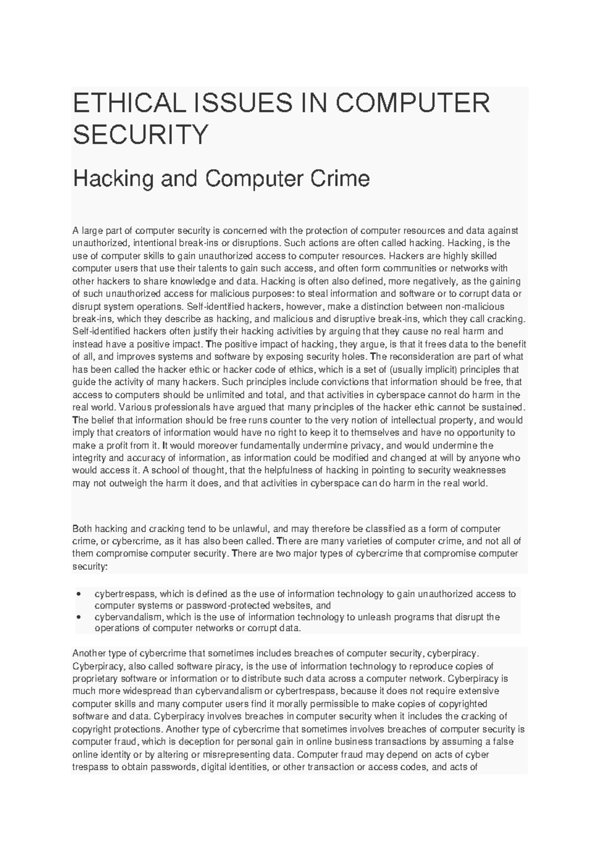 Csnotesikgptu - ETHICAL ISSUES IN COMPUTER SECURITY Hacking and ...
