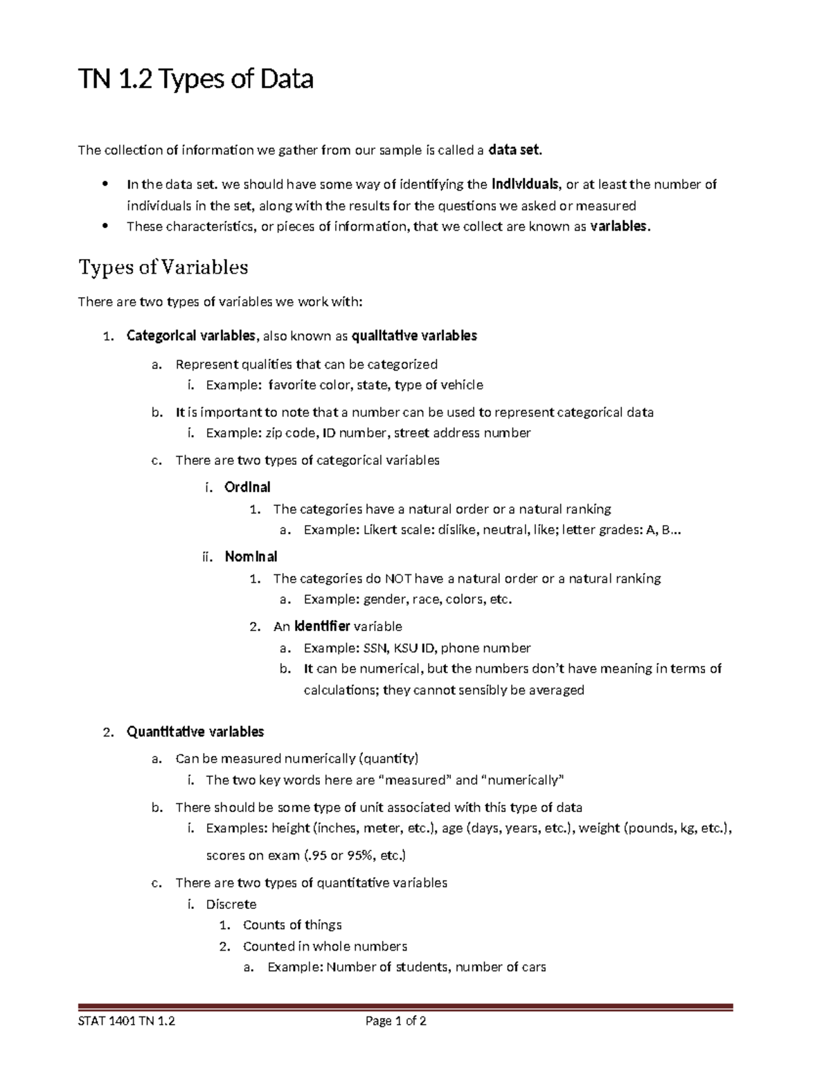 TN 1.2 Types of Data Spring 2023 - TN 1 Types of Data The collection of ...