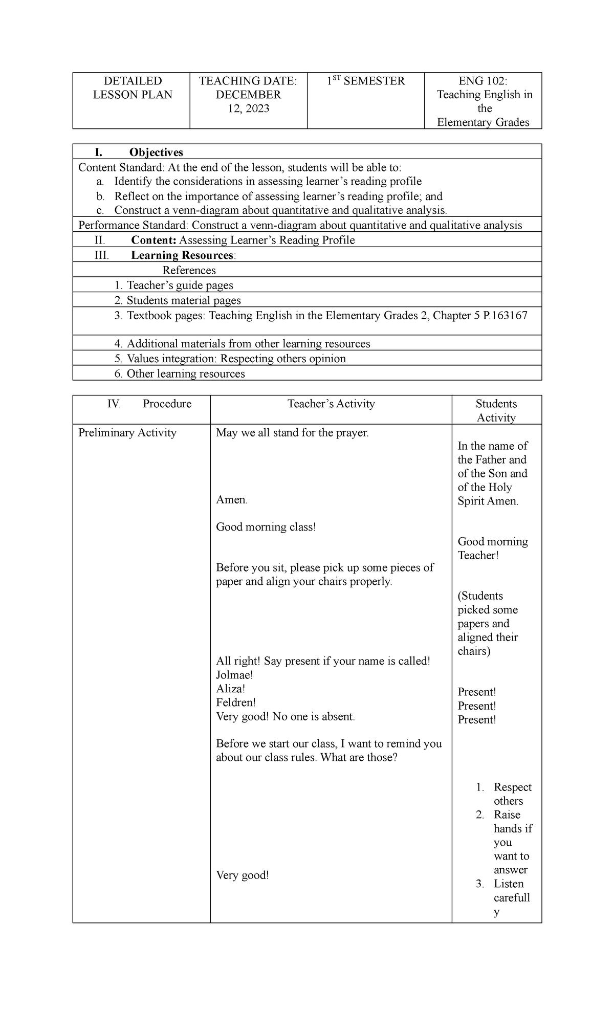 Detailed Lesson Plan - DETAILED LESSON PLAN TEACHING DATE: DECEMBER 12 ...