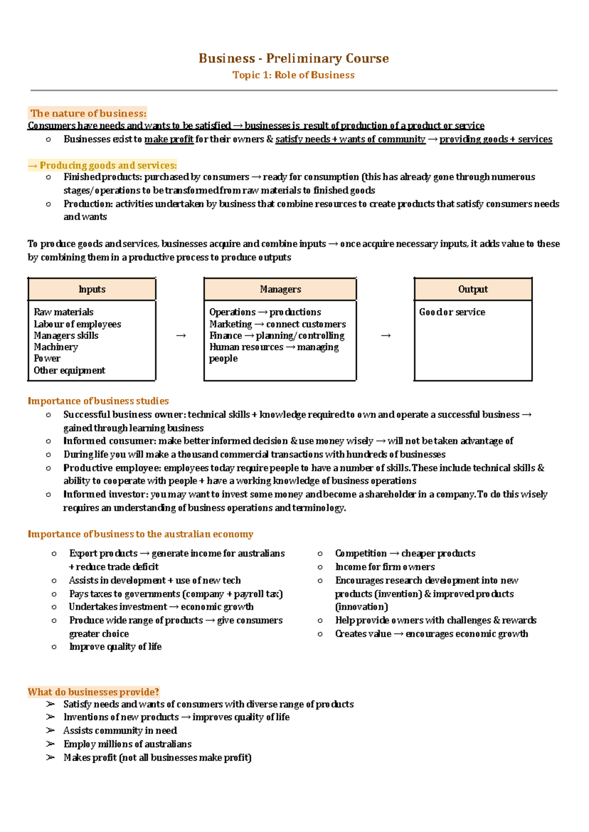 Topic 1 Role of Business - Business - Preliminary Course Topic 1: Role ...