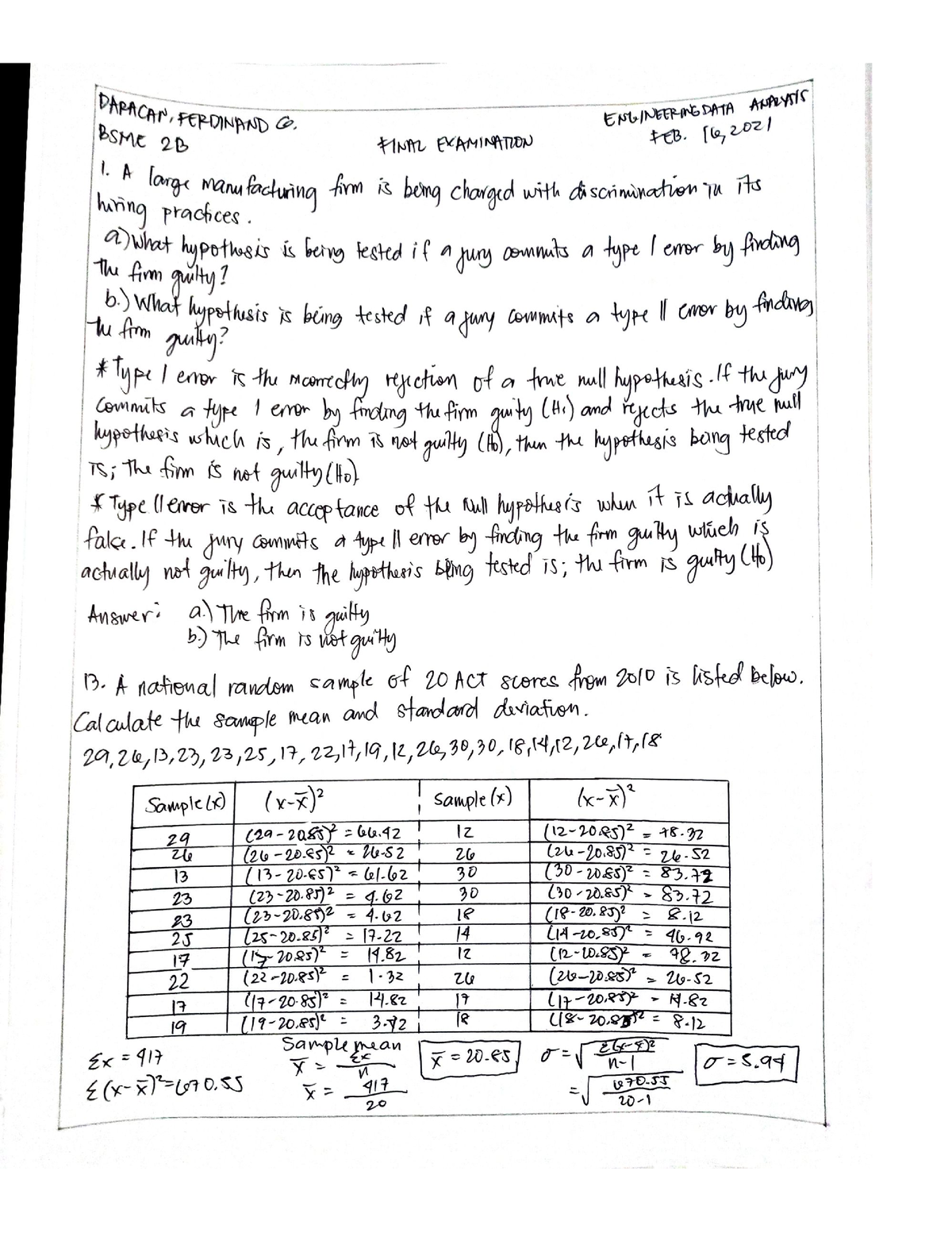 Engineering Data Analysis - Mechanical Engineering - Studocu