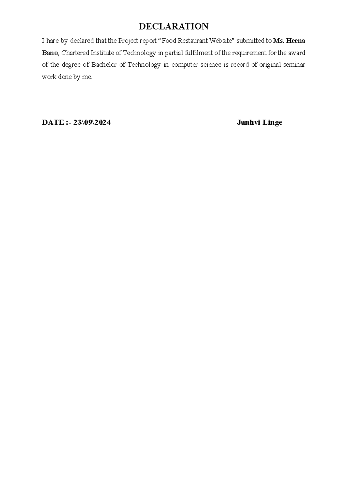 Food restaurant report - DECLARATION I hare by declared that the ...