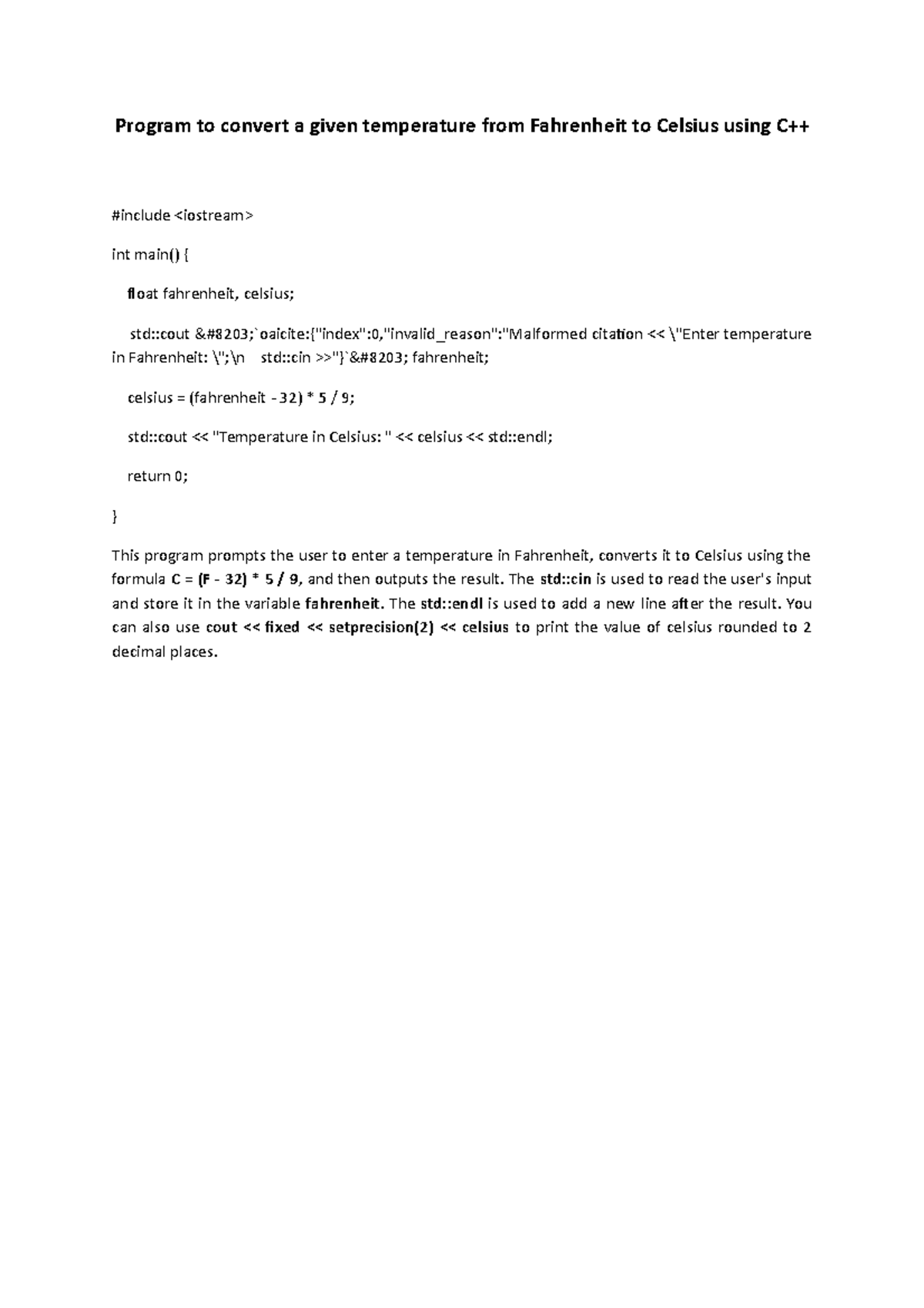 Program to convert a given temperature from Fahrenheit to Celsius using ...