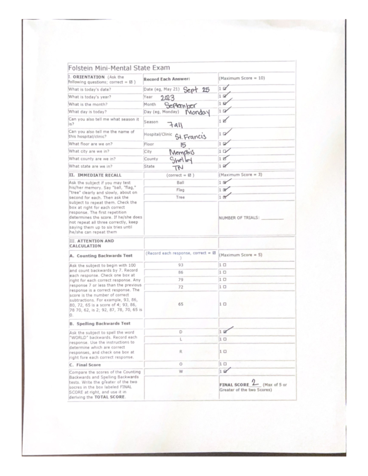 Folstein Mini-Mental State Exam - NURS 2313 - Studocu