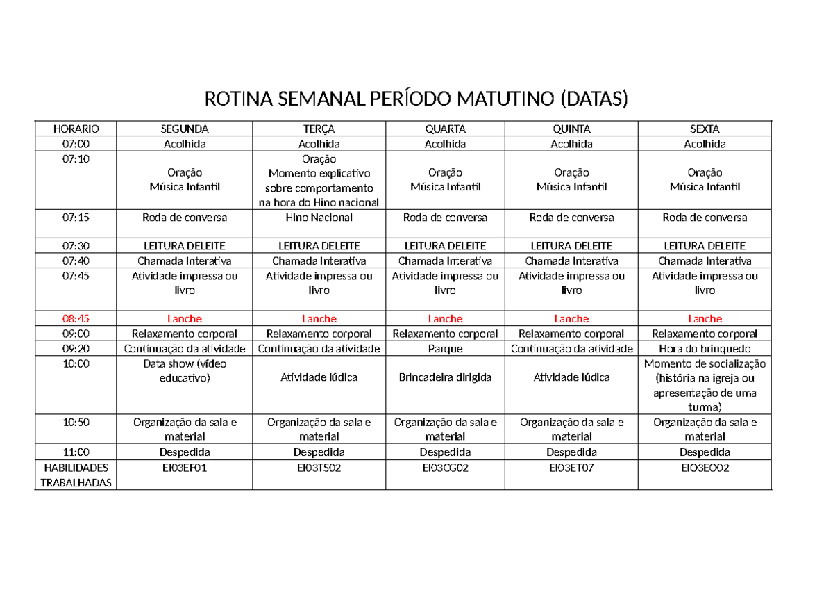 Rotina Semanal Escola Nivalda Abril Rotina Semanal PerÍodo Matutino Datas Horario Segunda 2803