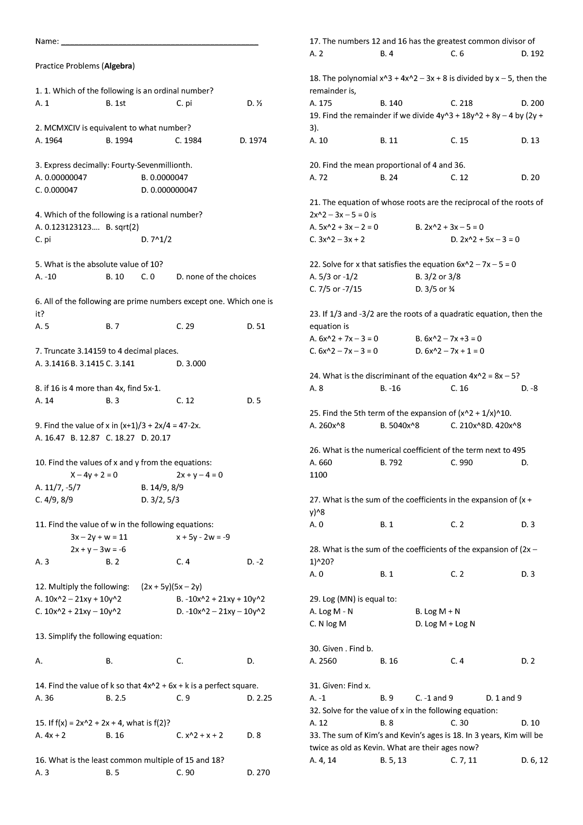 Practice-Problems-Algebra - Name ...