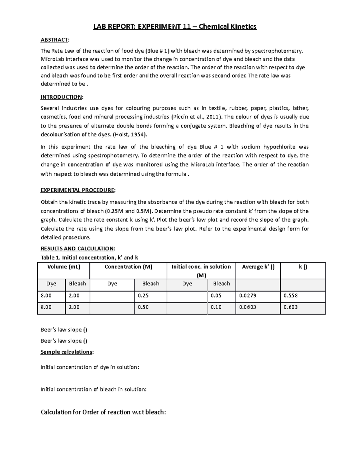 Chem LAB Report 11 - LAB REPORT: EXPERIMENT 11 – Chemical Kinetics ...