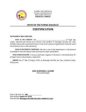 Barangay Certification FOR Reprapping - Republic of the Philippines ...
