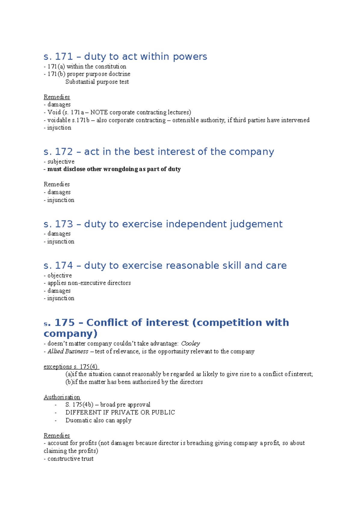 Directors Duties - s. 171 – duty to act within powers - 171(a) within ...