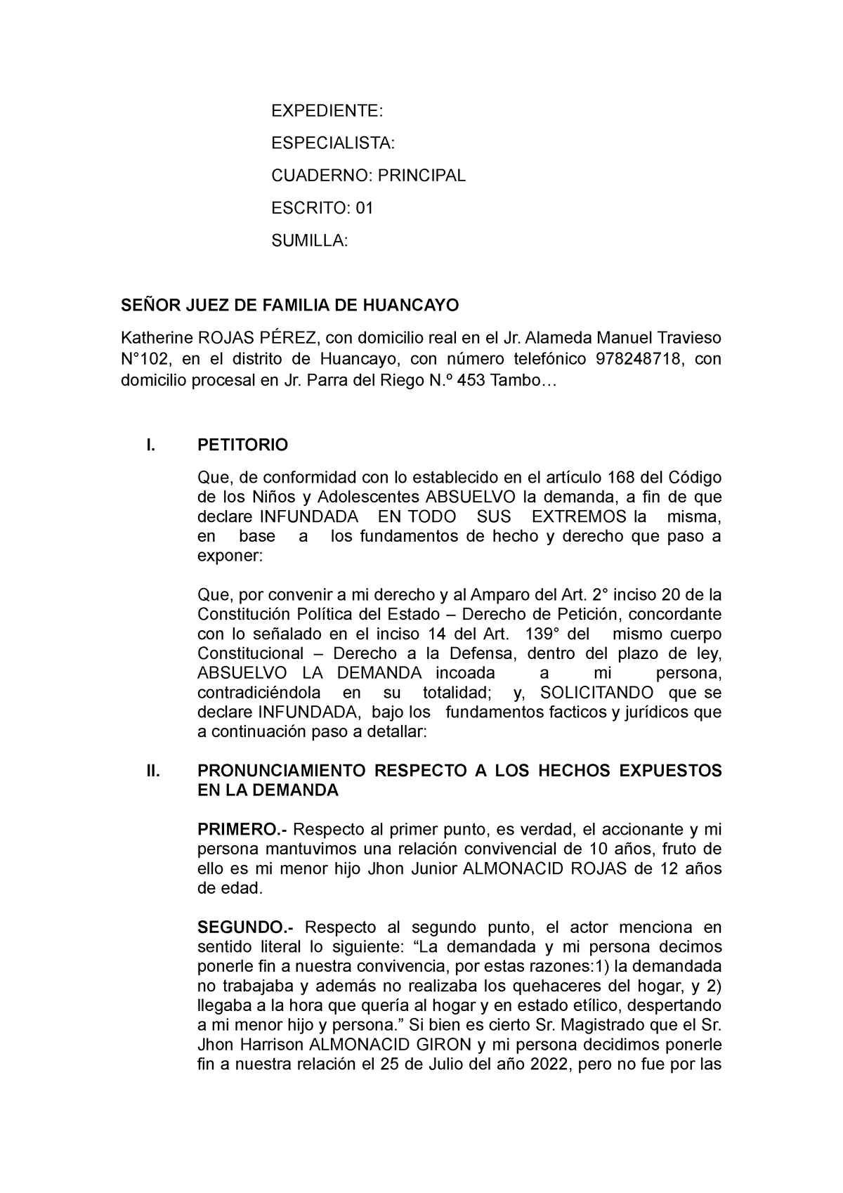 Contestacion De La Demanda Expediente Especialista Cuaderno Principal Escrito 01 Sumilla 5138