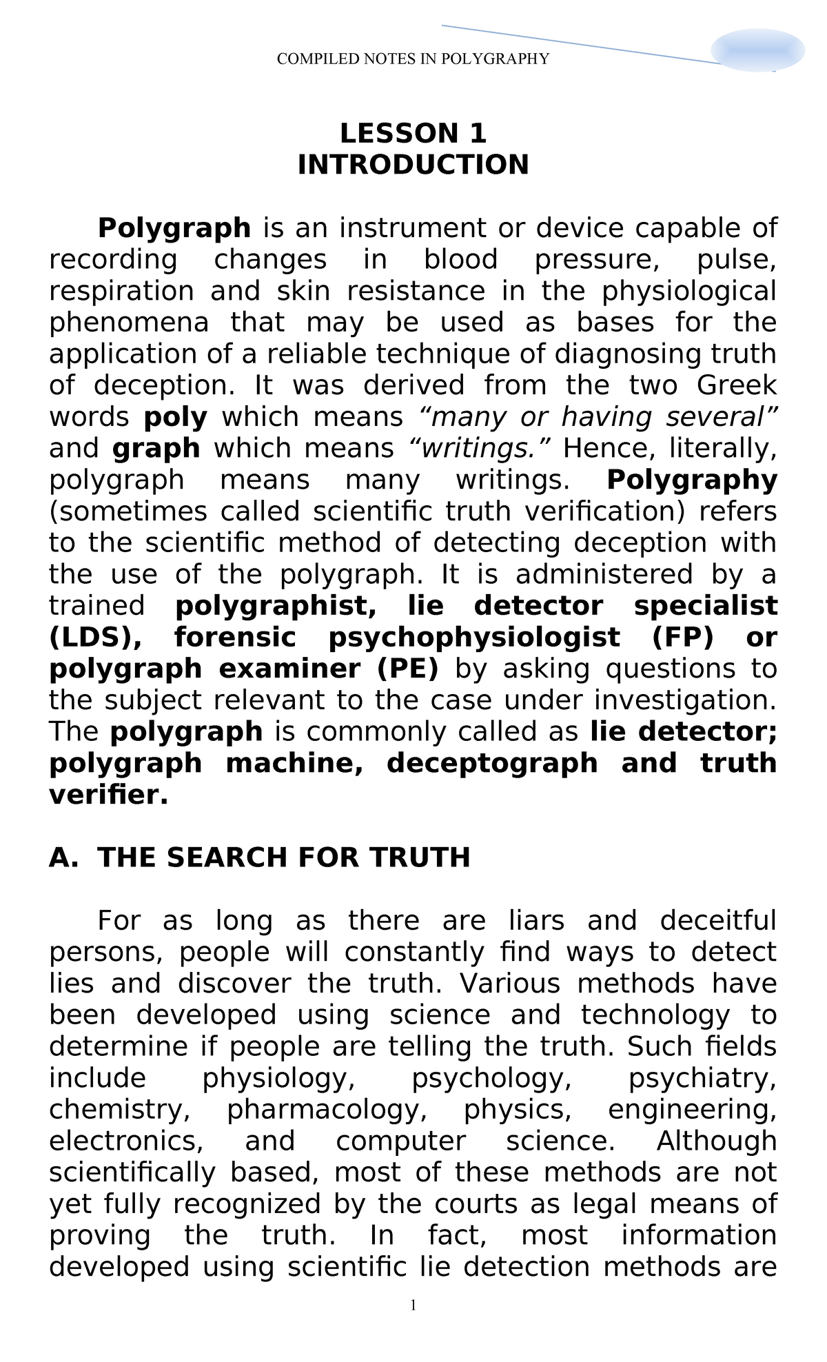 Polygraphy Hand Outs Lesson 1 Introduction Polygraph Is An Instrument