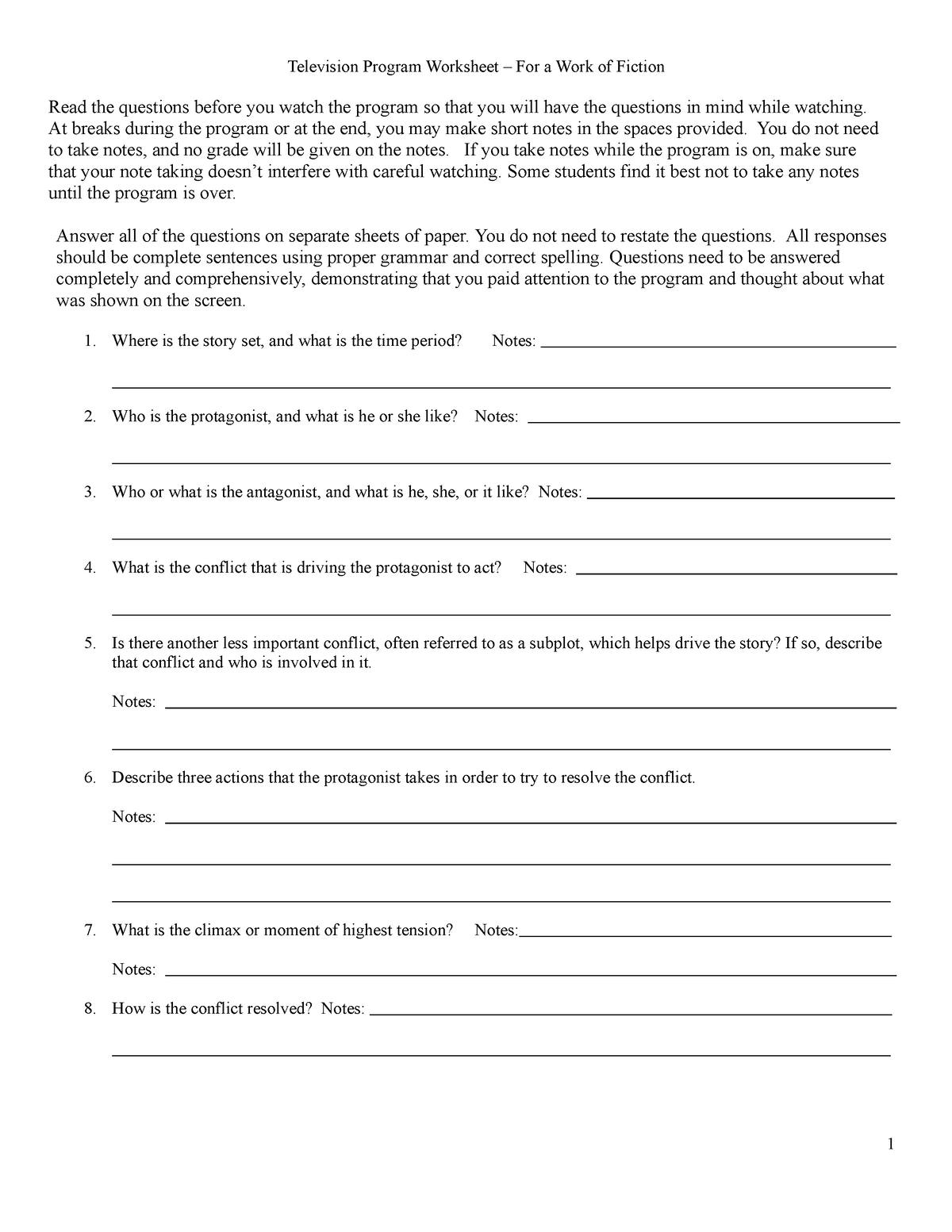 Film study worksheet tv - 1 Television Program Worksheet – For a Work ...