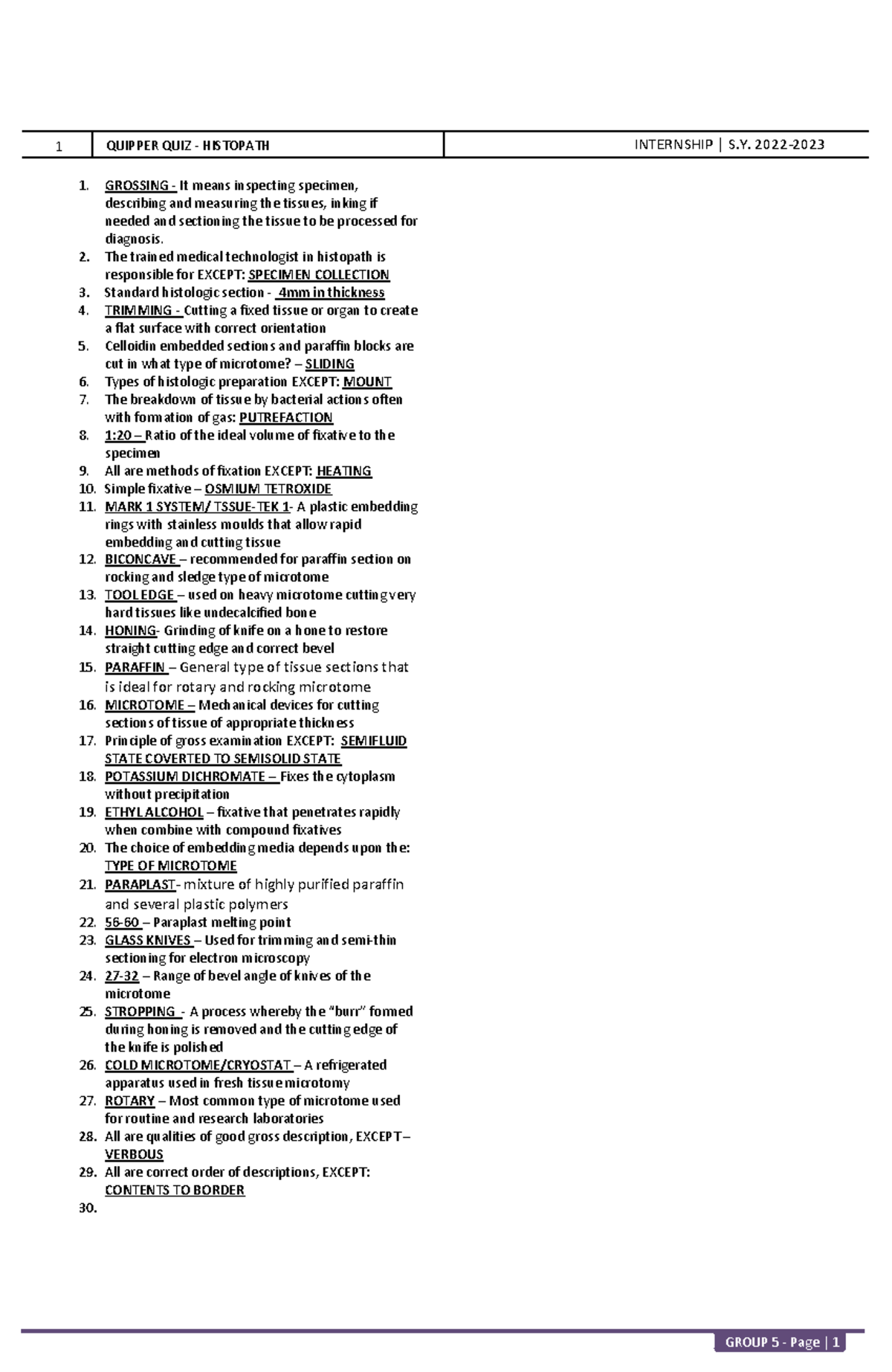 Histology Quiz Summary with answers GROUP 5 Page 1 1 QUIPPER QUIZ