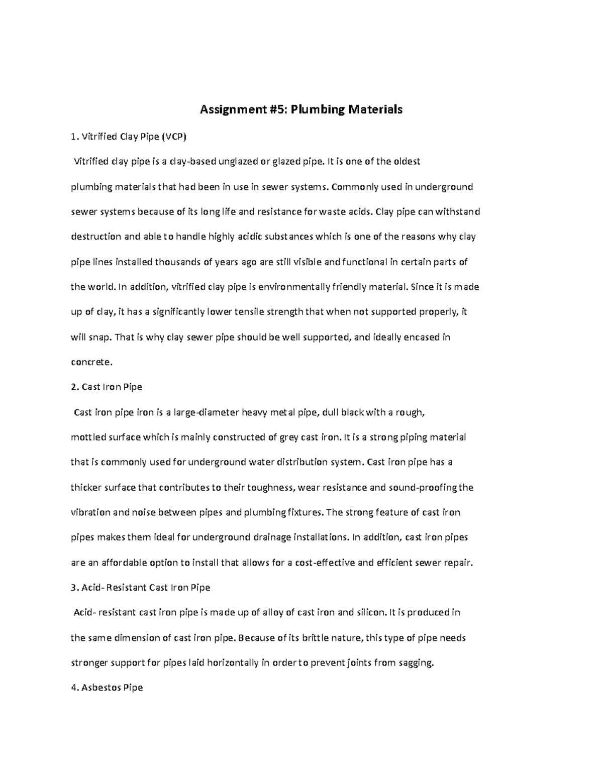 Plumbing materials - Building Utilities - Assignment #5: Plumbing ...
