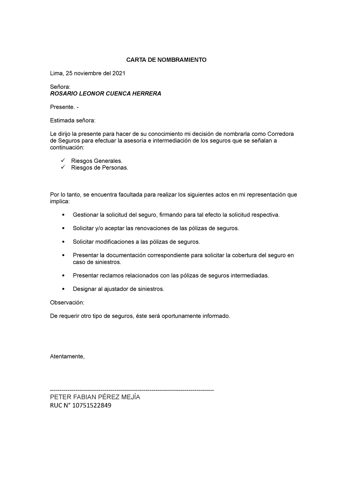 2020 Modelo SBS Carta DE Nombramiento RC - CARTA DE NOMBRAMIENTO Lima, 25  noviembre del 2021 Señora: - Studocu
