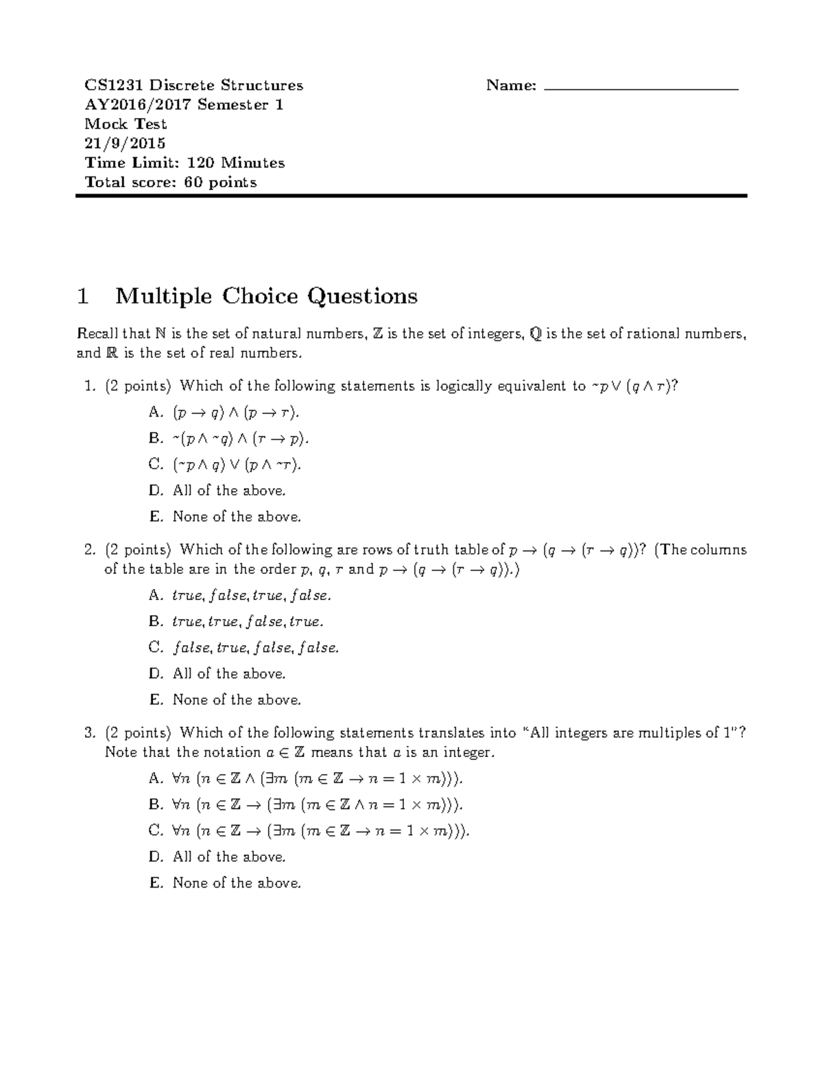 Midterm 21 September, questions and answers - CS1231 Discrete ...