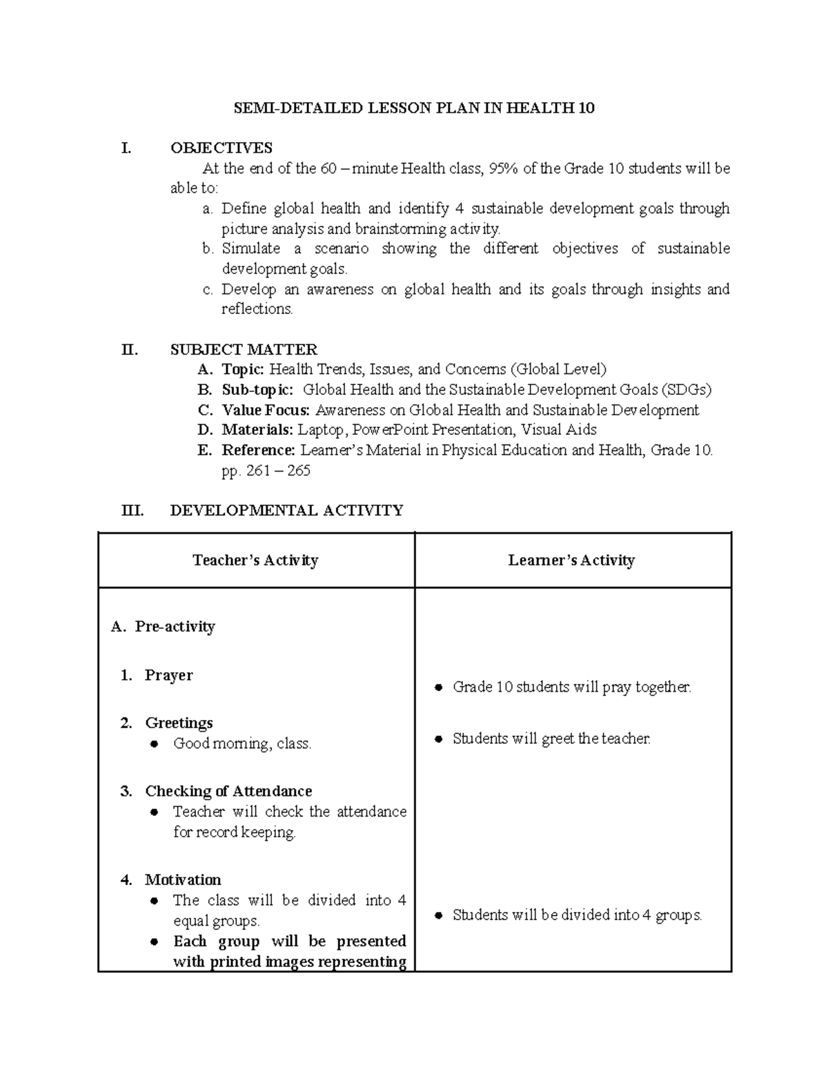(SDG 1-4) for Bohr & Galilei - SEMI-DETAILED LESSON PLAN IN HEALTH 10 I ...