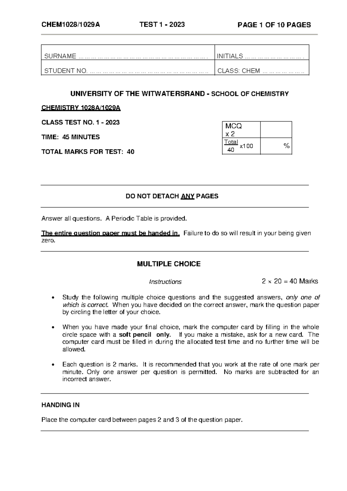 CHEM10289 A Test 1 2023 with partial memo - PAGES SURNAME - Studocu