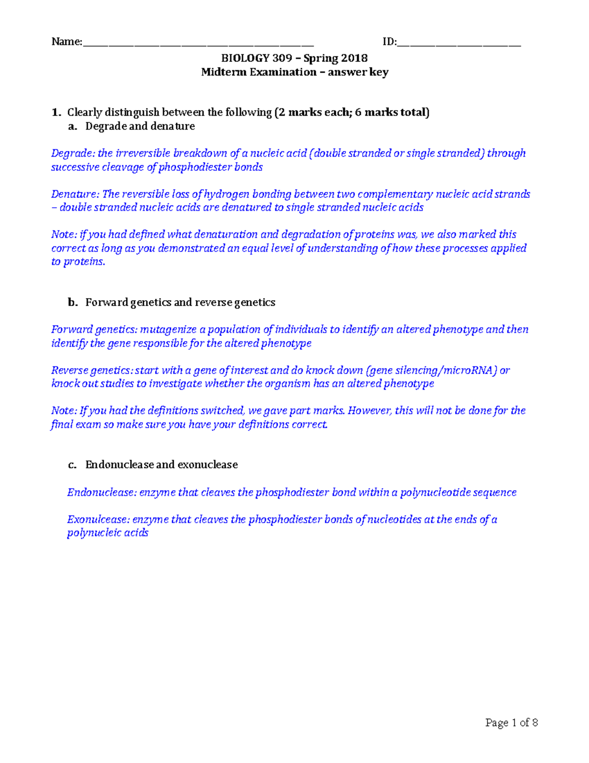 2018 Midterm answers - practice test - **BIOLOGY 309 – Spring 2018 ...