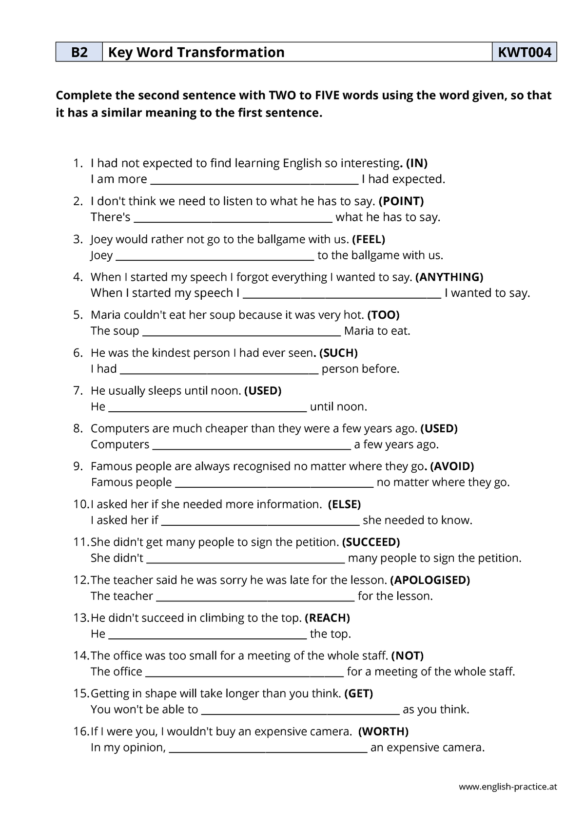 Sentence Transformations - english-practice B2 Key Word Transformation ...