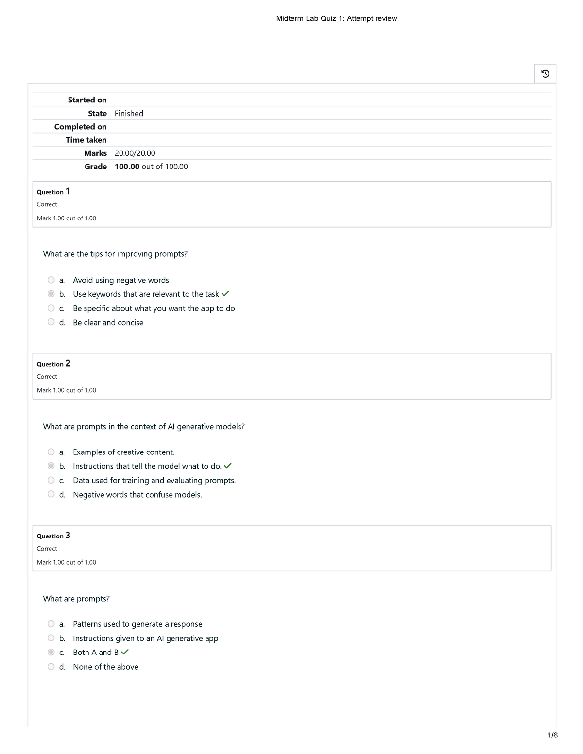 AI Prompt Engineering Midterm Quiz Lab 01 - Question 1 Correct Mark 1 ...