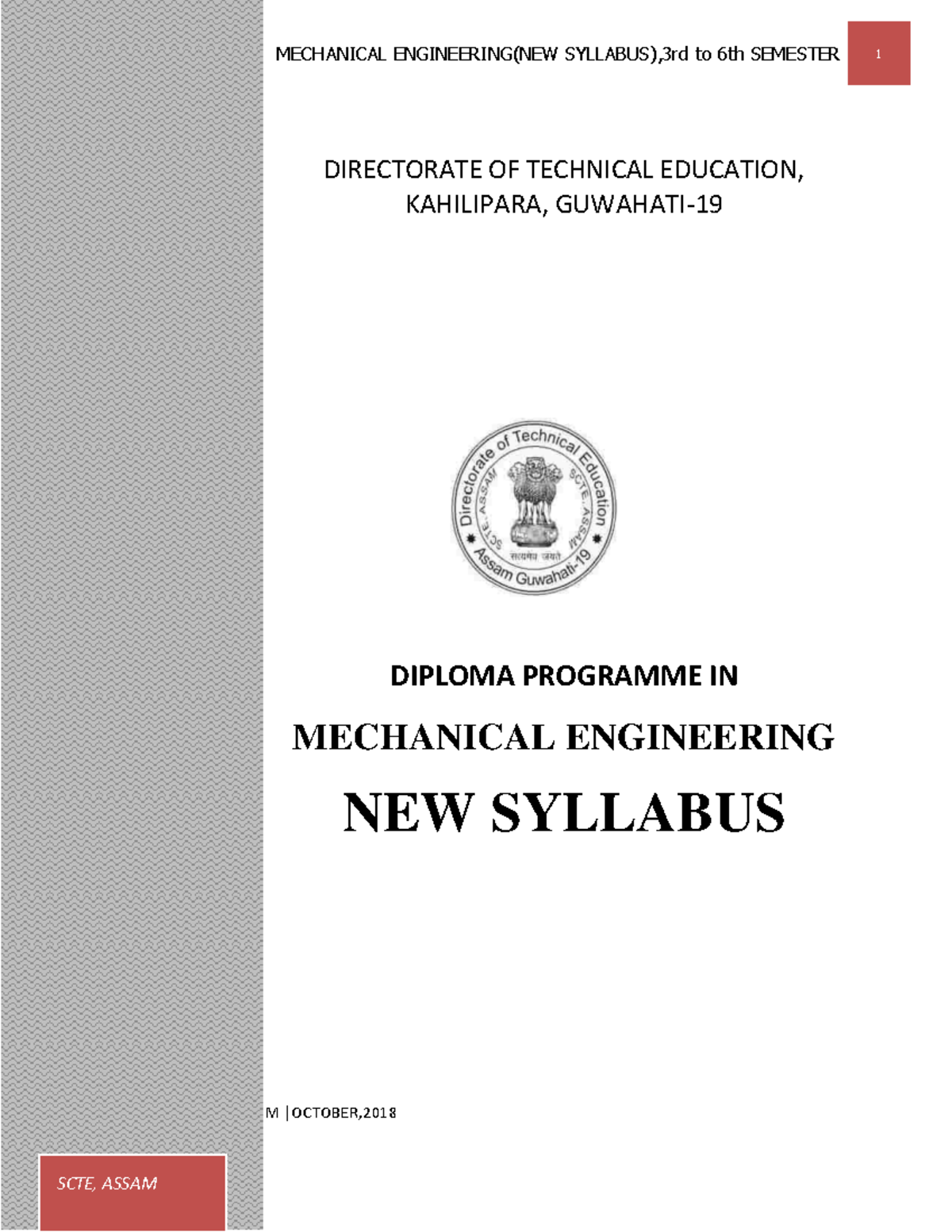 Mechanical oct2018 DTE SCTE,ASSAM OCTOBER, DIRECTORATE OF TECHNICAL
