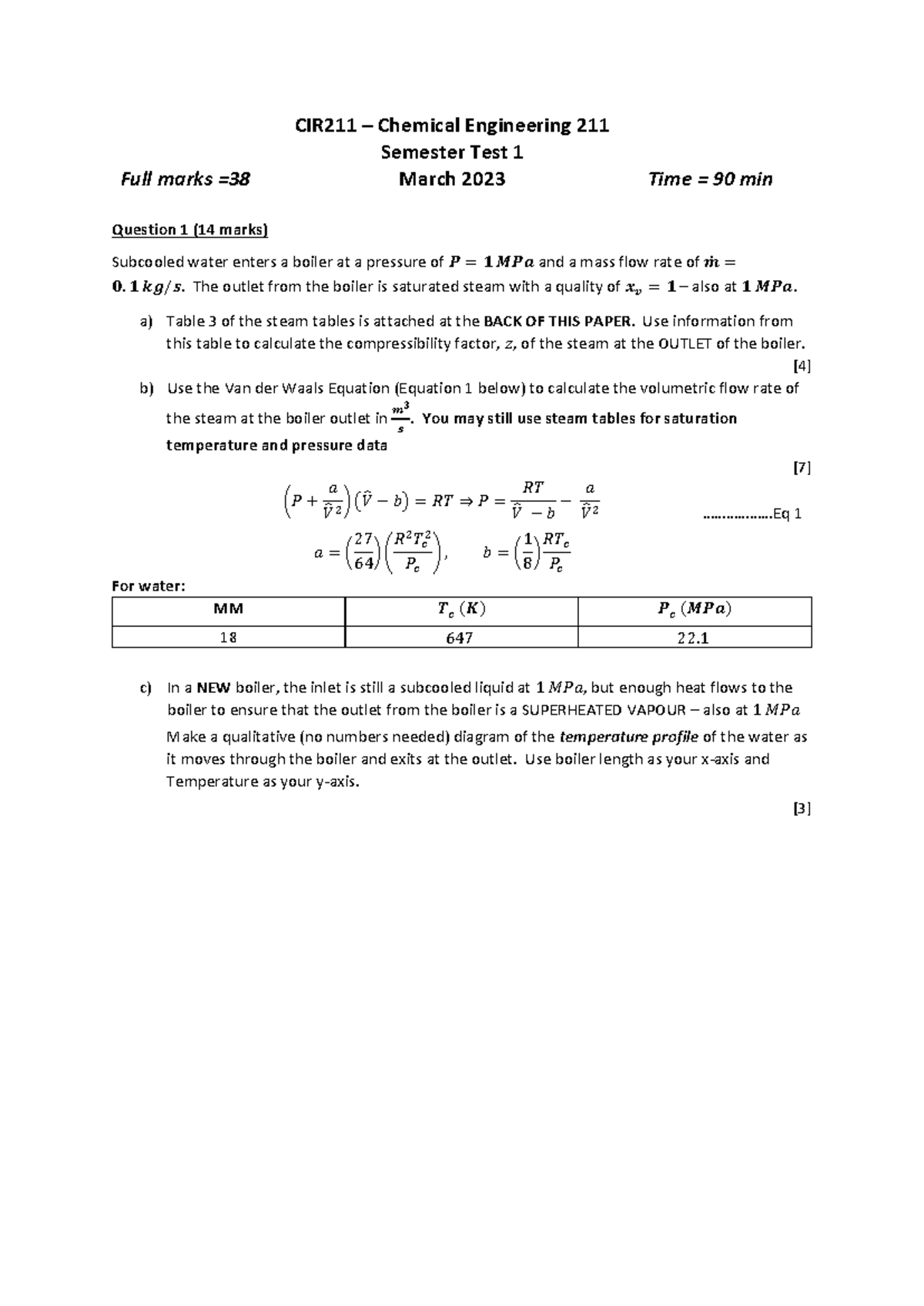 ST1 March 2023 - CIR211 – Chemical Engineering 211 Semester Test 1 Full ...