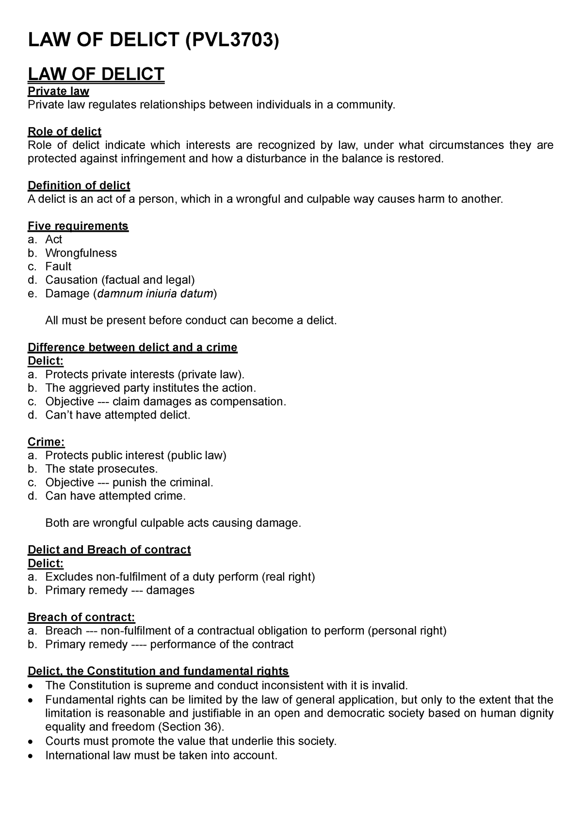 PVL3703 Notes 2 - Summary Law Of Delict - LAW OF DELICT (PVL3703) LAW ...