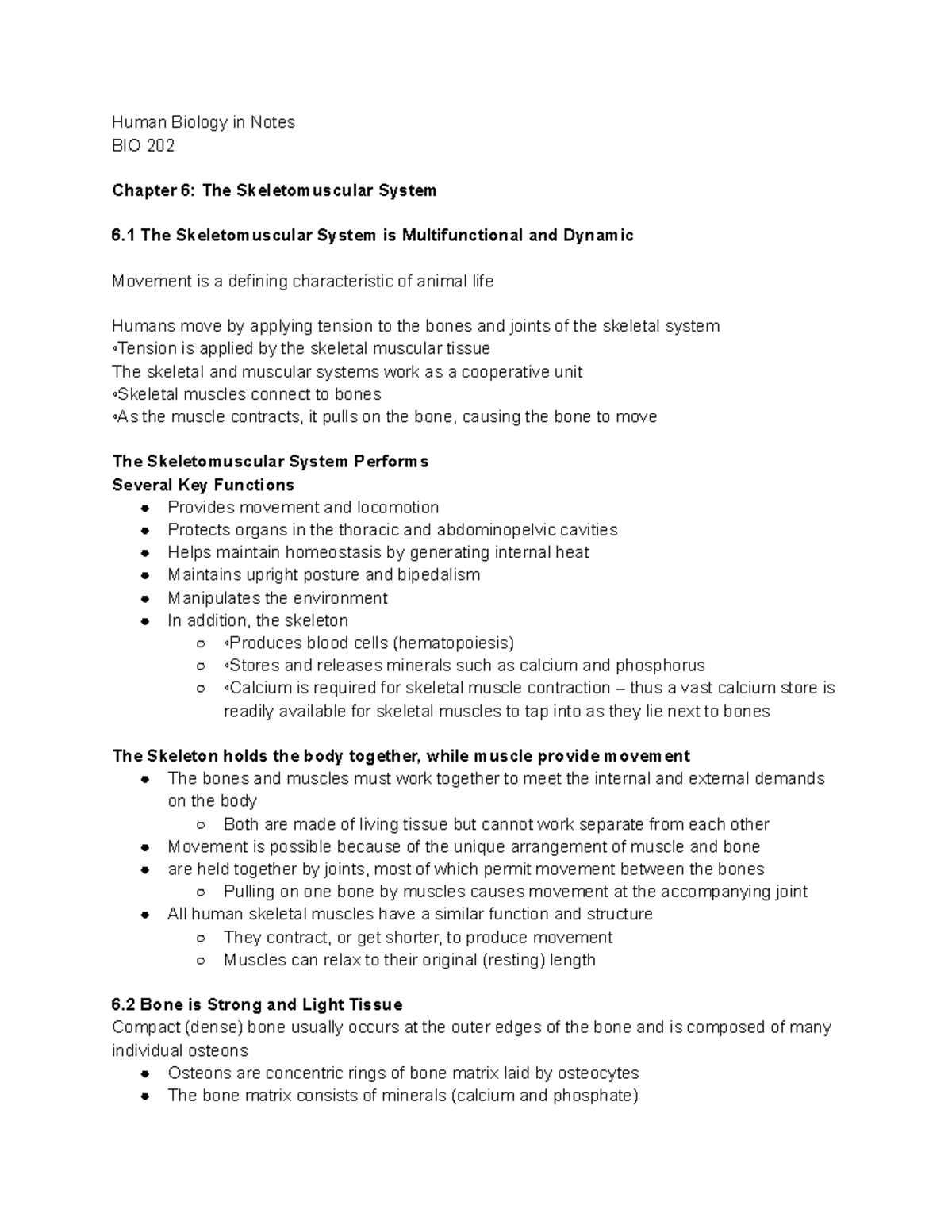 Bio Notes 11 - Human Biology in Notes BIO 202 Chapter 6: The ...