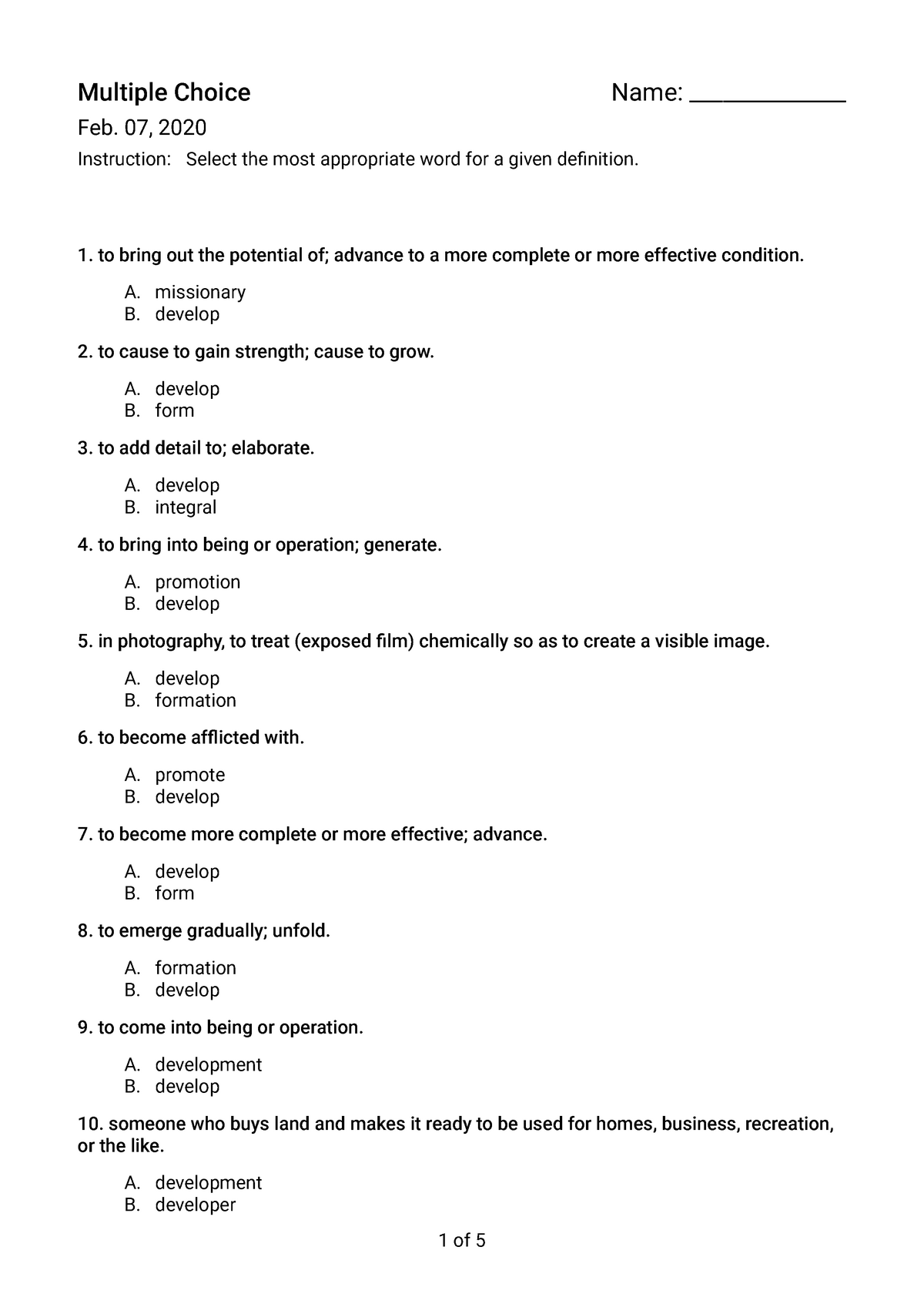 4. Word List 3 Multiple Choice Definition-word - To Bring Out The 