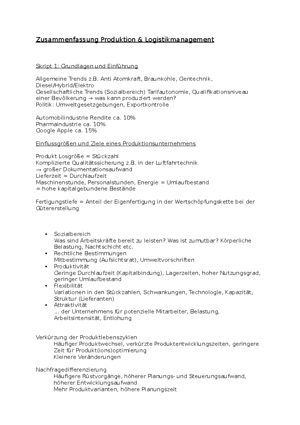 Produktion Logistik Zusammenfassung - Zusammenfassung Produktion ...